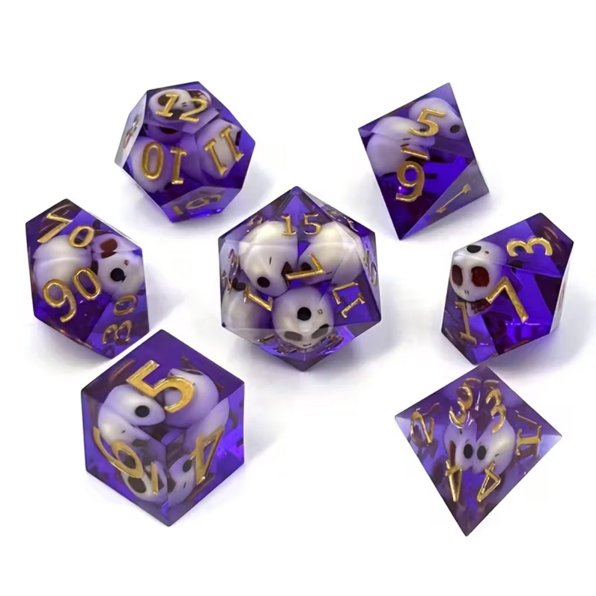 Joya Dice® Dungeons and Dragons Dobbelsteen set | Polydice DnD Dobbelstenen Set | D&D Dice set | Resin 7 stuks set | Incl Luxe Opbergdoos | Doodshoofd Paars | Skull